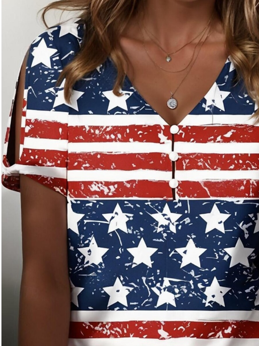 Women's American Flag Print Casual Cotton V-Neck Pearl Button T-Shirt