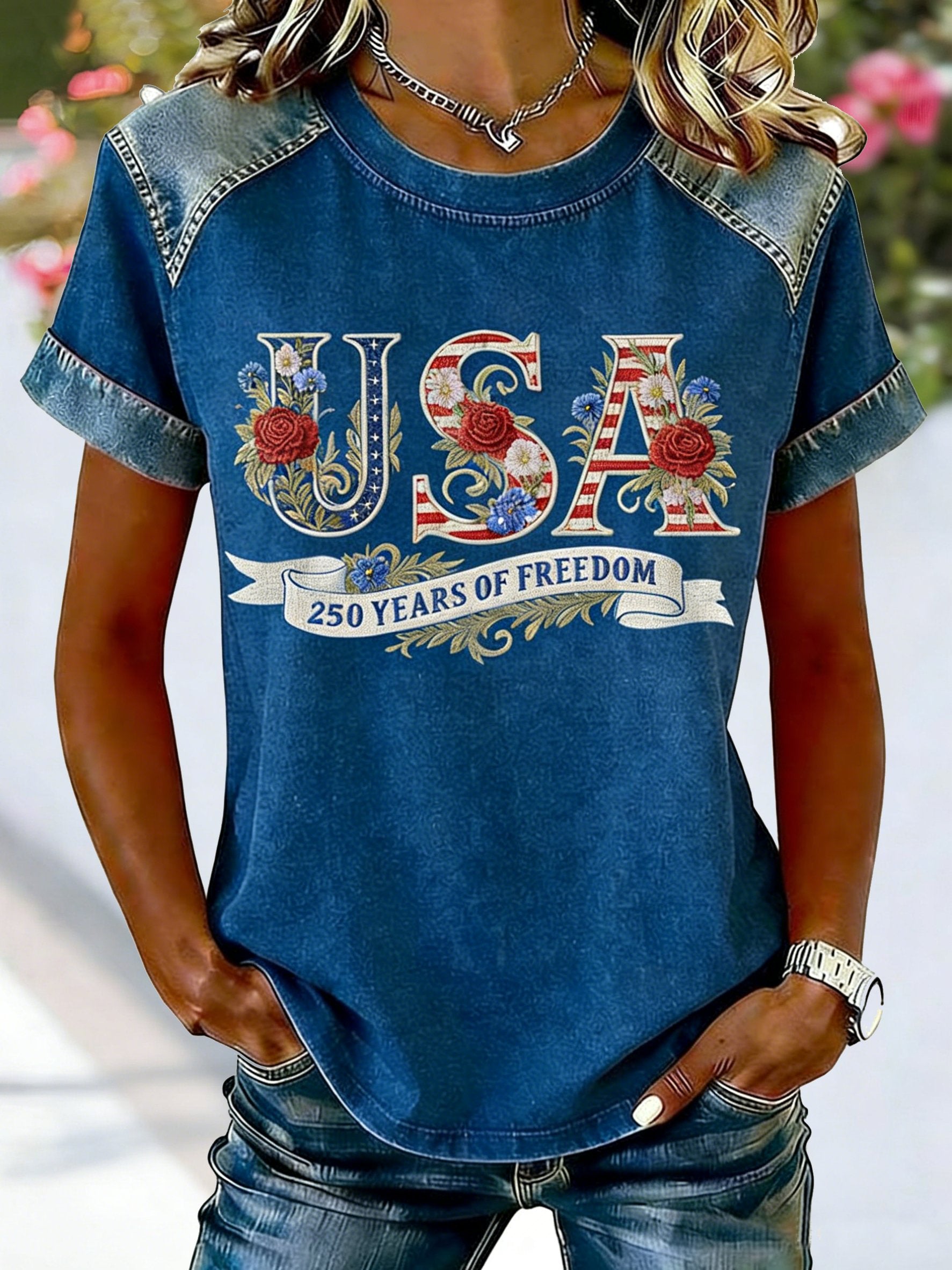 Waffle Color Block Crew Neck Short Sleeve Amercia Flag Roes Denim Look/Denim Effect Casual T-Shirt