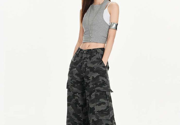 Camouflage Cargo Wide-Leg Denim Pants | Multi-Pocket Utility Trousers