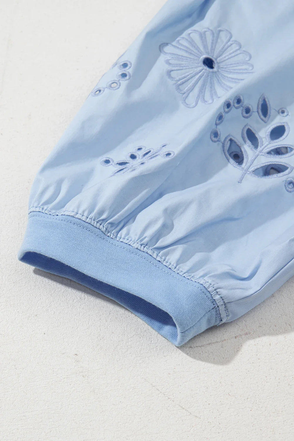 Beau Blue Eyelet Flower Embroidered Puff Short Sleeve Patchwork Crew Neck Blouse