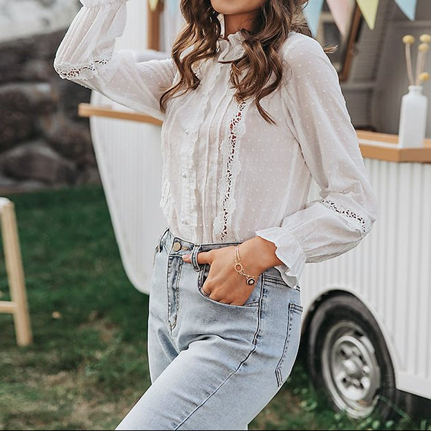 Slim-Fit Lace Patchwork Long Sleeve Shirt | Cotton Bell Sleeve Blouse