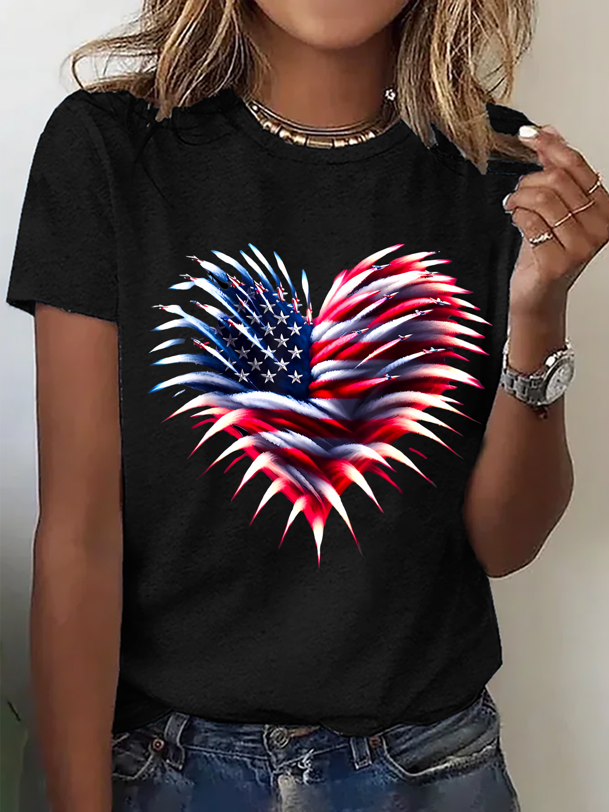 Independence Day Flag Heart Fireworks Cotton T-Shirt