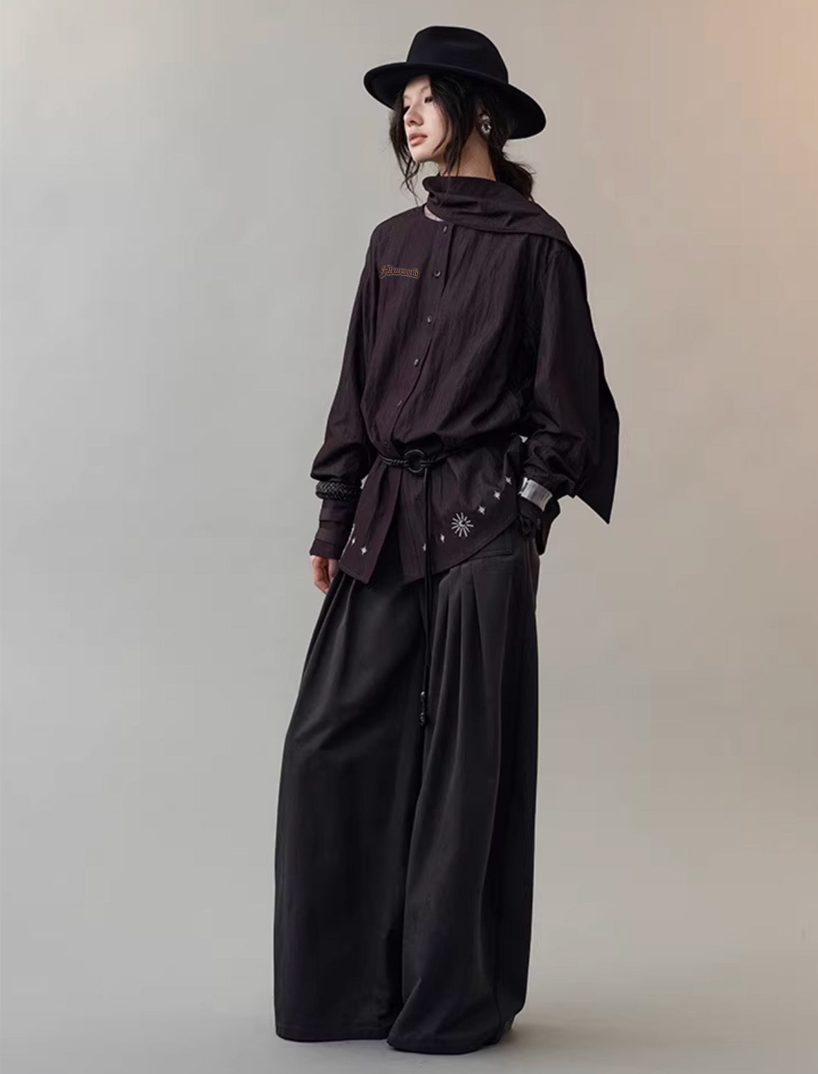 Celestial Embroidered Scarf-Collar Sculptural Shirt