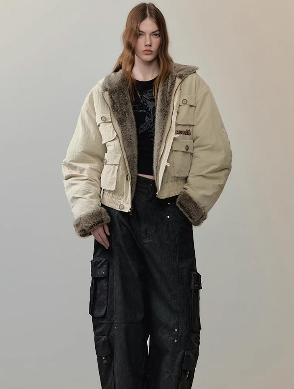 Reversible Hooded Utility Faux-Fur Jacket