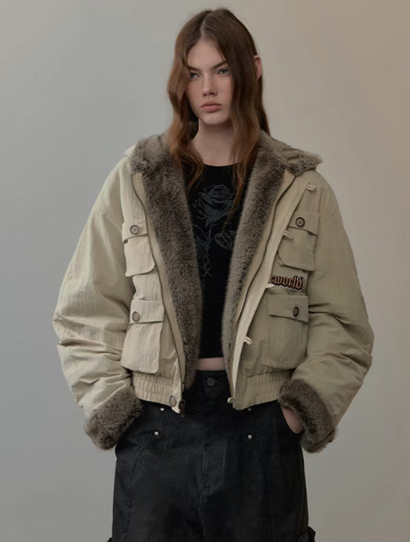 Reversible Hooded Utility Faux-Fur Jacket
