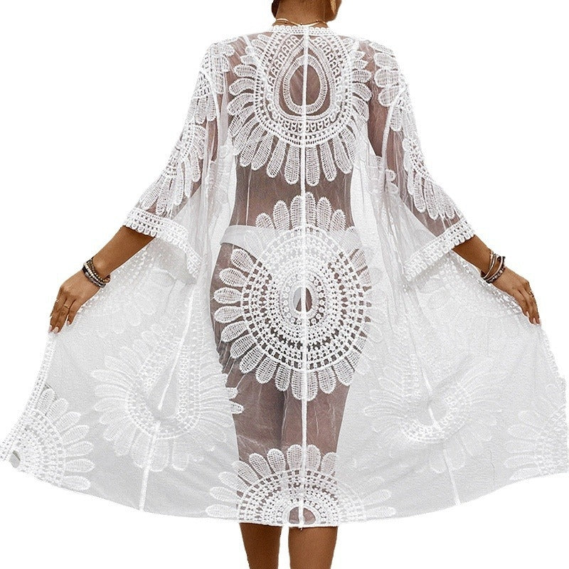 Lace Embroidered Floral Kimono Bikini Cover-Up | Cotton-Blend Resort Beach Cardigan