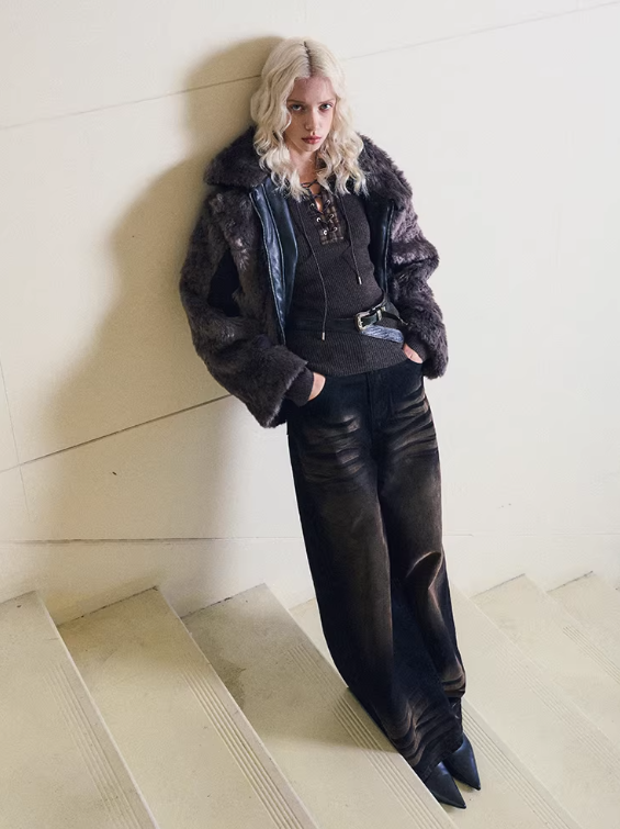 Textured Faux-Mink Cropped Oversized Jacket