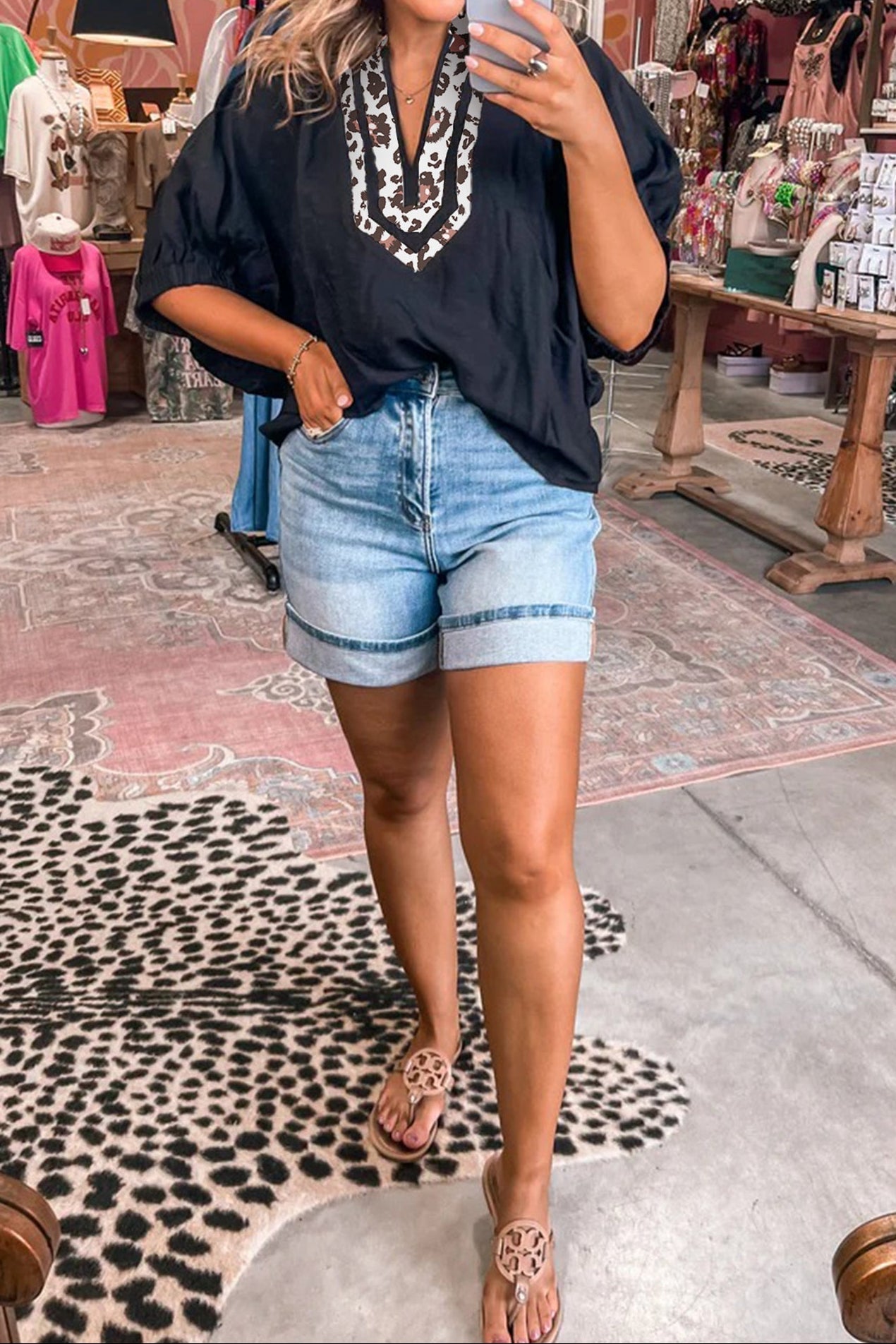 Black Dolman Half Sleeve Leopard Patchwork Trim V Neck Blouse