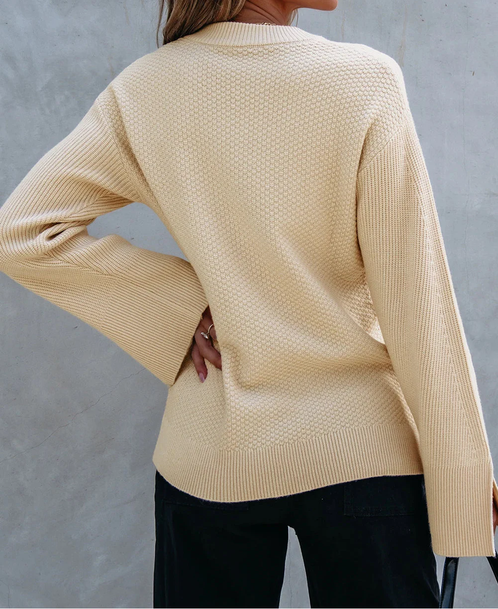 Parchment Solid Textured Knit Split Cuff Drop Shoulder Loose Sweater