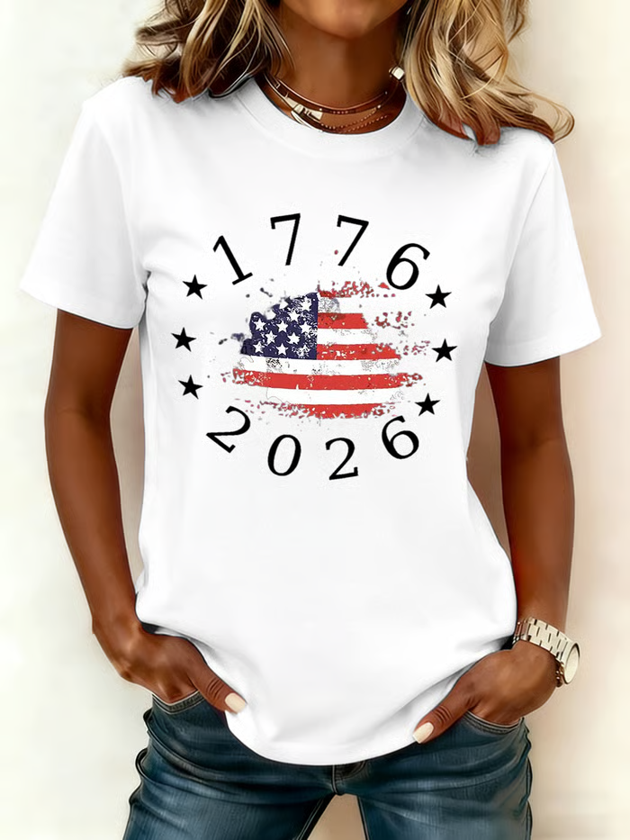 Women's Short Sleeve T-shirt Summer Red America Flag Printing Jersey Crew Neck Daily Going Out Casual Top