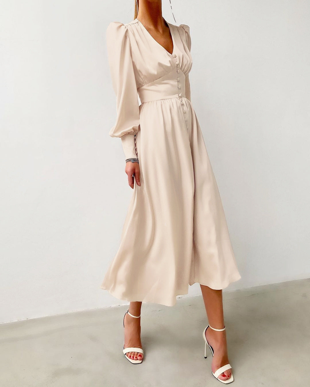 Satin Waist Dress Women Lantern Sleeve Elegant Long Dress