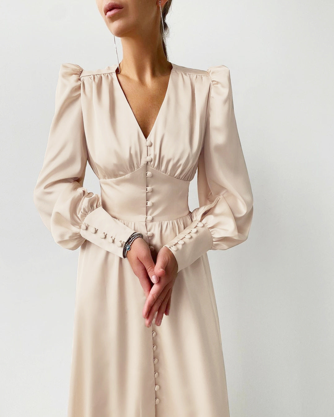 Satin Waist Dress Women Lantern Sleeve Elegant Long Dress