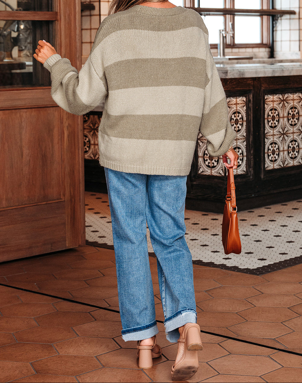 Khaki Striped Color Block Brushed Knit Bow Tie Front Sweater Cardigan
