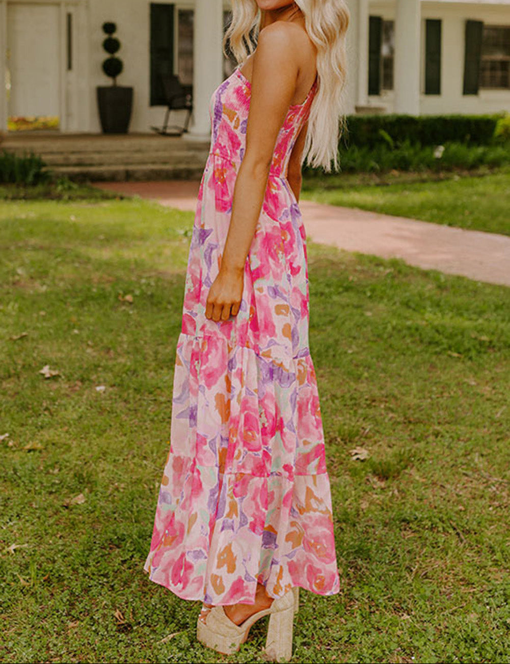 Pink Abstract Floral Print Shirred One Shoulder Maxi Dress