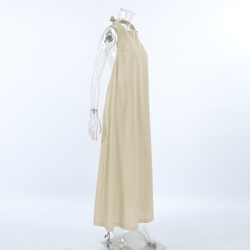 French Khaki Halter Dress | Cotton Linen Resort Vacation Dress