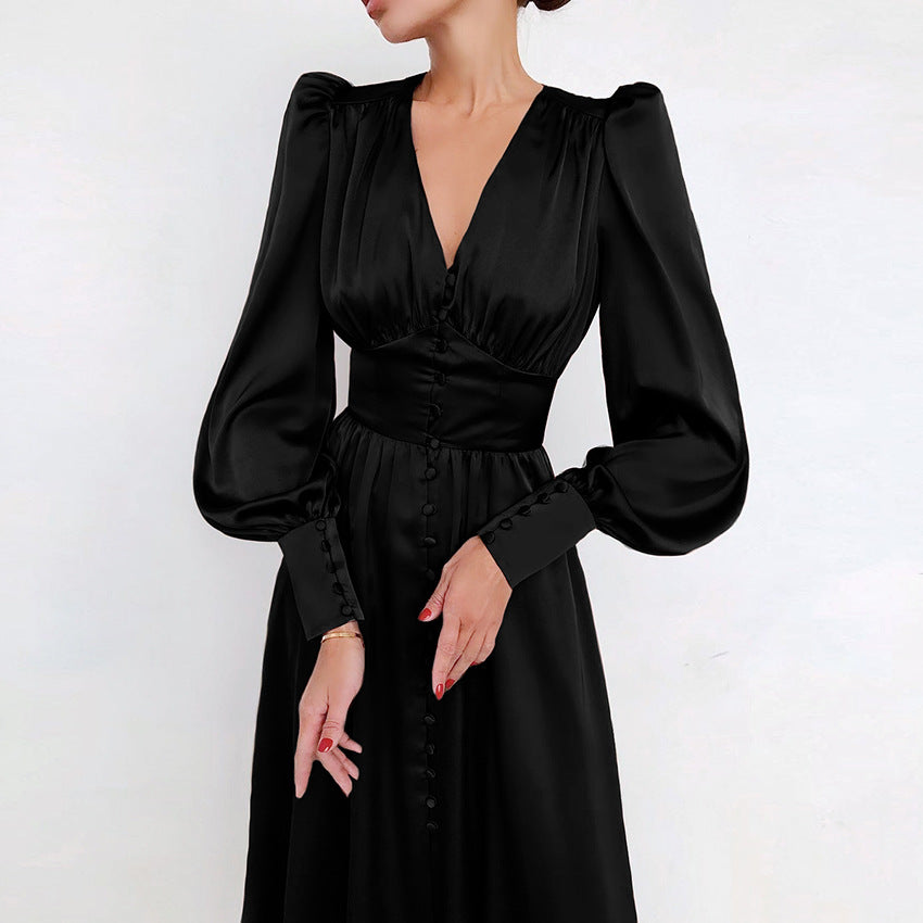 Satin Waist Dress Women Lantern Sleeve Elegant Long Dress
