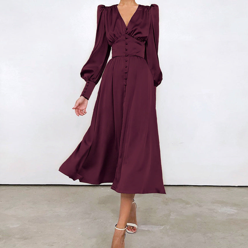 Satin Waist Dress Women Lantern Sleeve Elegant Long Dress