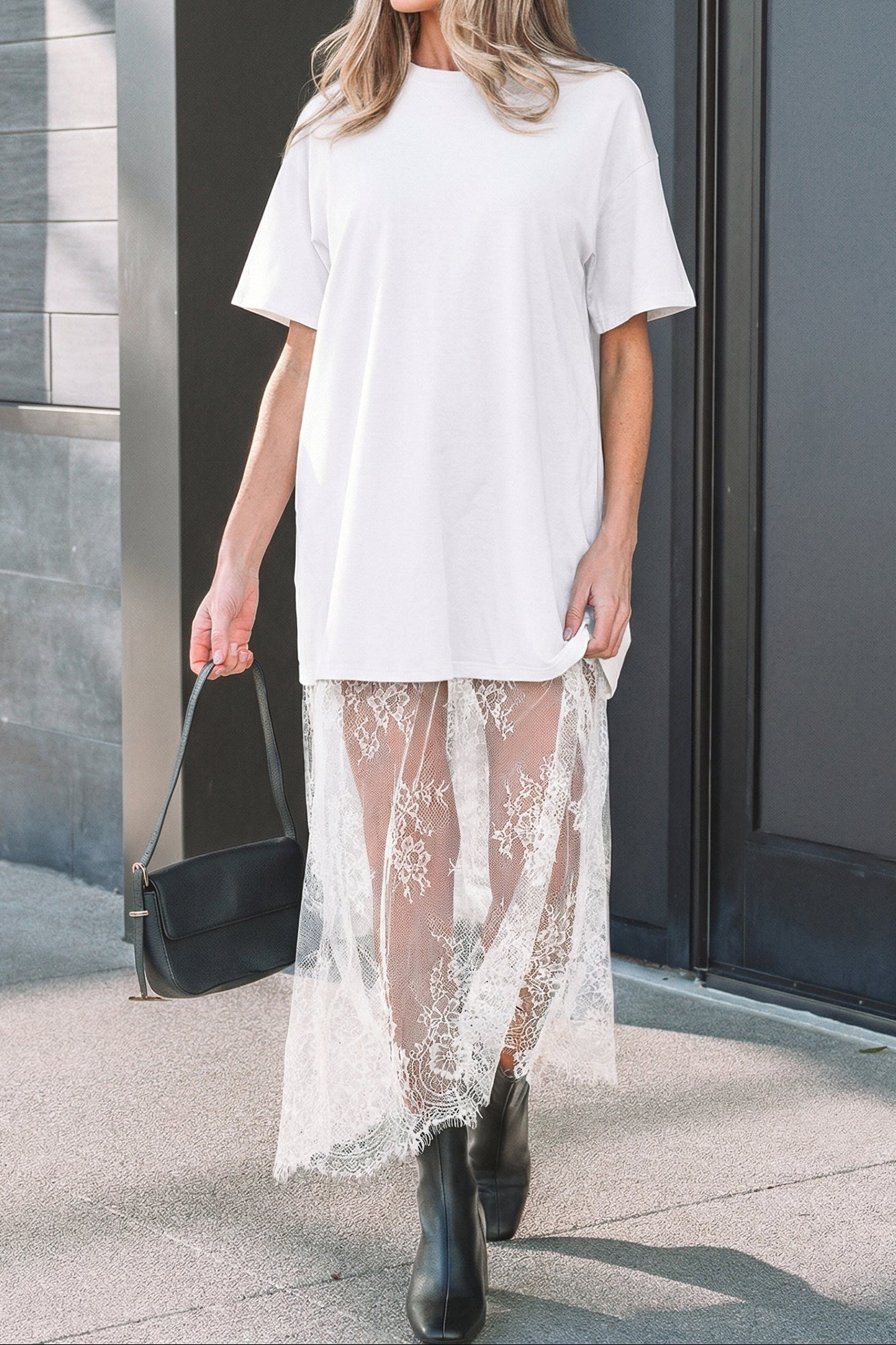 White Floral Patchwork Short Sleeve T Shirt Loose Maxi Dress
