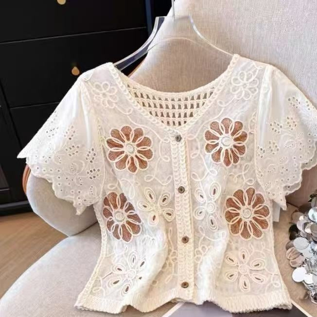 Korean Hollow Jacquard V-Neck Knit Cardigan Top