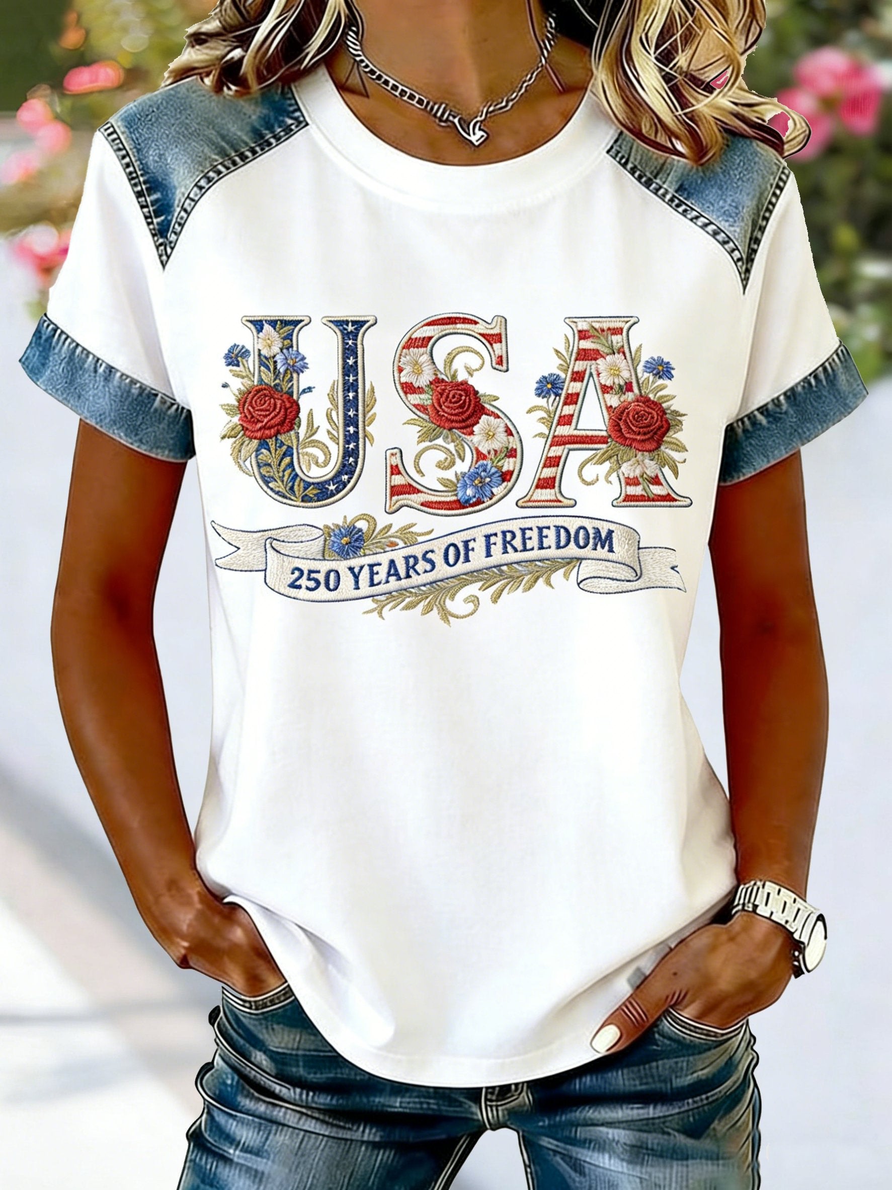Waffle Color Block Crew Neck Short Sleeve Amercia Flag Roes Denim Look/Denim Effect Casual T-Shirt