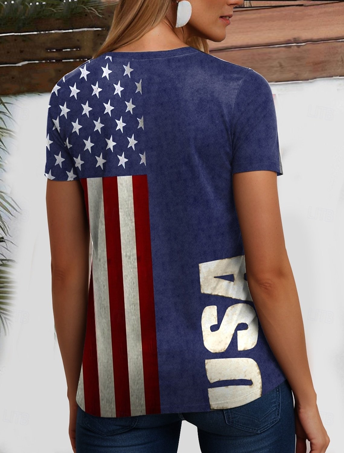 Women's American Flag Printed Casual Cotton V-Neck T-Shirt