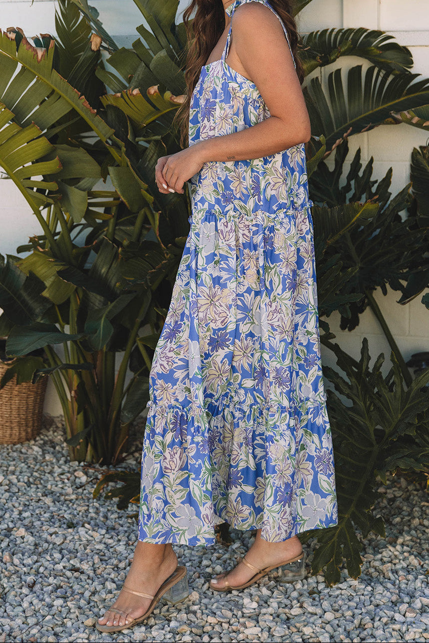 Sky Blue Floral Print Self-tie Straps Flowy Ruffle Long Dress