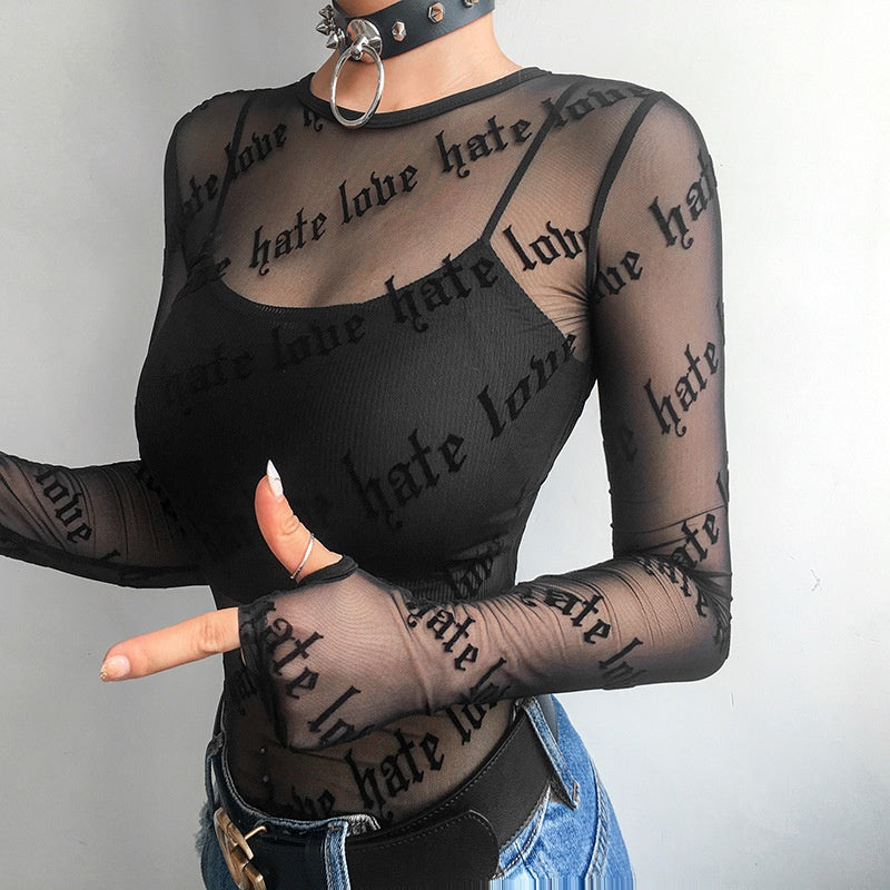 Sheer Love-Hate Print Mesh Long Sleeve Top