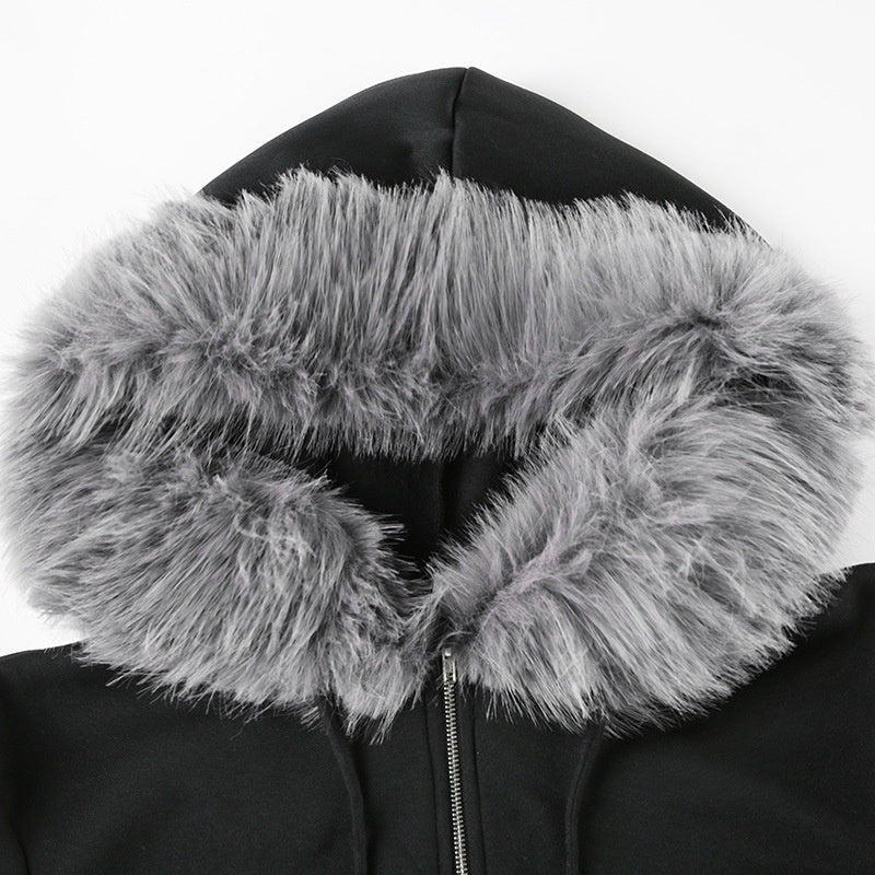 Hooded Fuzzy Patchwork Jacket
