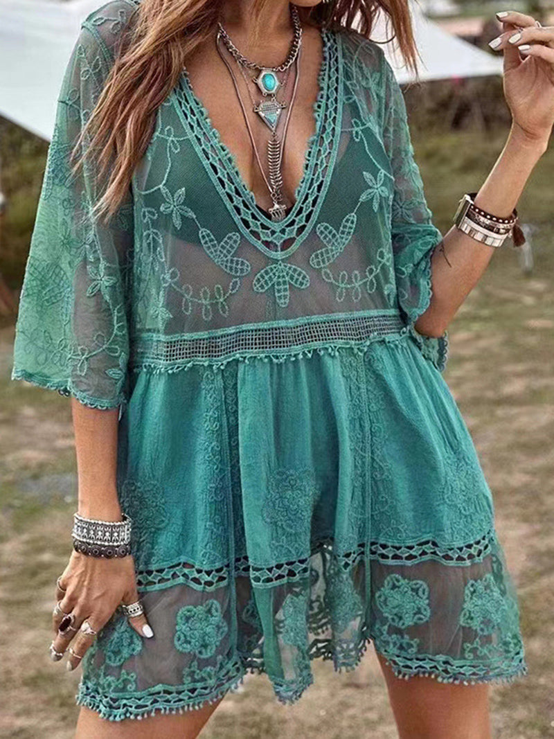 Deep V-Neck Sheer Lace Mini Dress [NON-RETURNABLE]