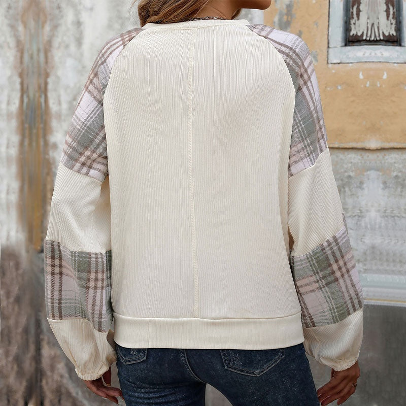 Plaid Patchwork Sleeve Pullover Top