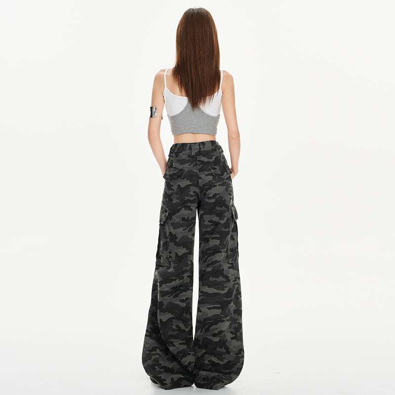 Camouflage Cargo Wide-Leg Denim Pants | Multi-Pocket Utility Trousers