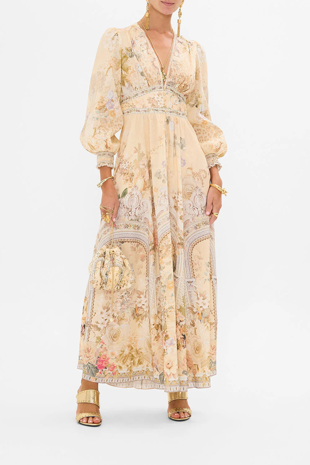 Printed V-Neck Puff Sleeve Belted Dress | Elegant Casual Midi Dress