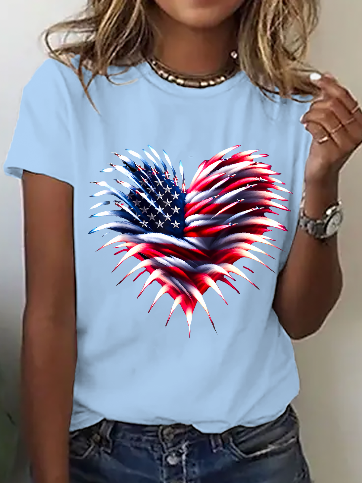 Independence Day Flag Heart Fireworks Cotton T-Shirt