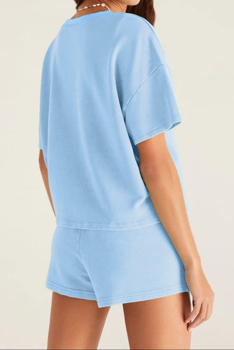 Myosotis V Neck Drop Shoulder Tee and Patchwork Drawstring Elastic Waistband Shorts Set