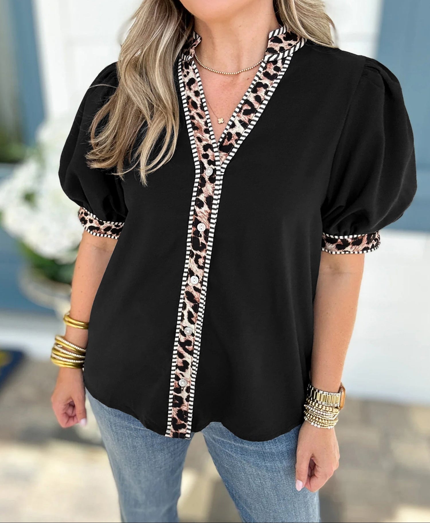 Black V Neck Short Puff Sleeve Contrast Striped Leopard Trim Button Down Shirt