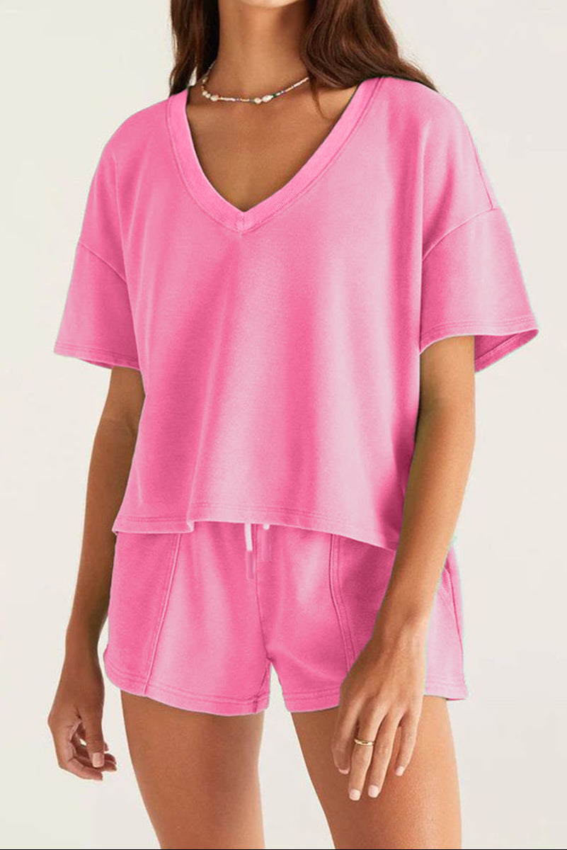 Bonbon V Neck Drop Shoulder Tee and Patchwork Drawstring Elastic Waistband Shorts Set