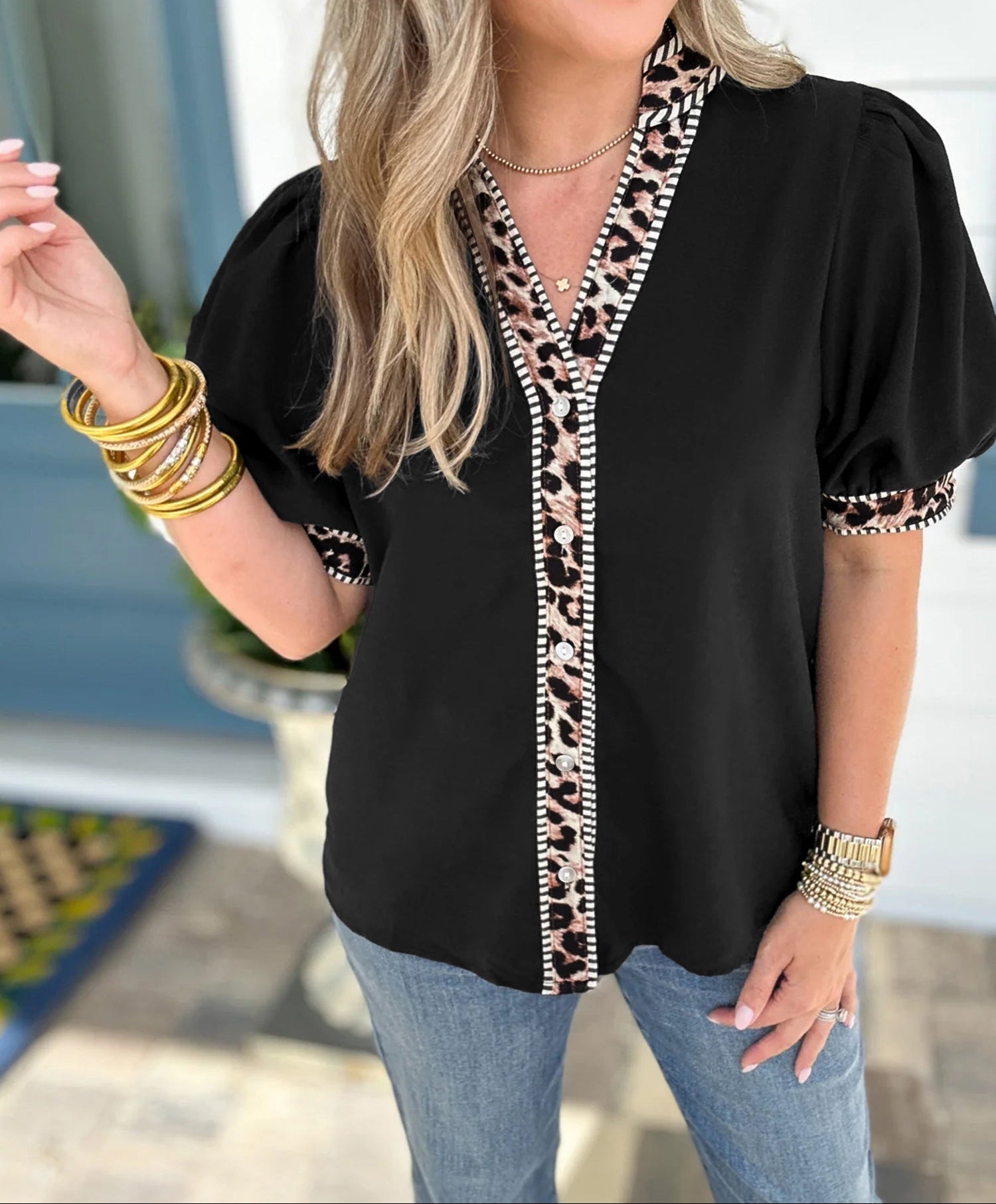 Black V Neck Short Puff Sleeve Contrast Striped Leopard Trim Button Down Shirt