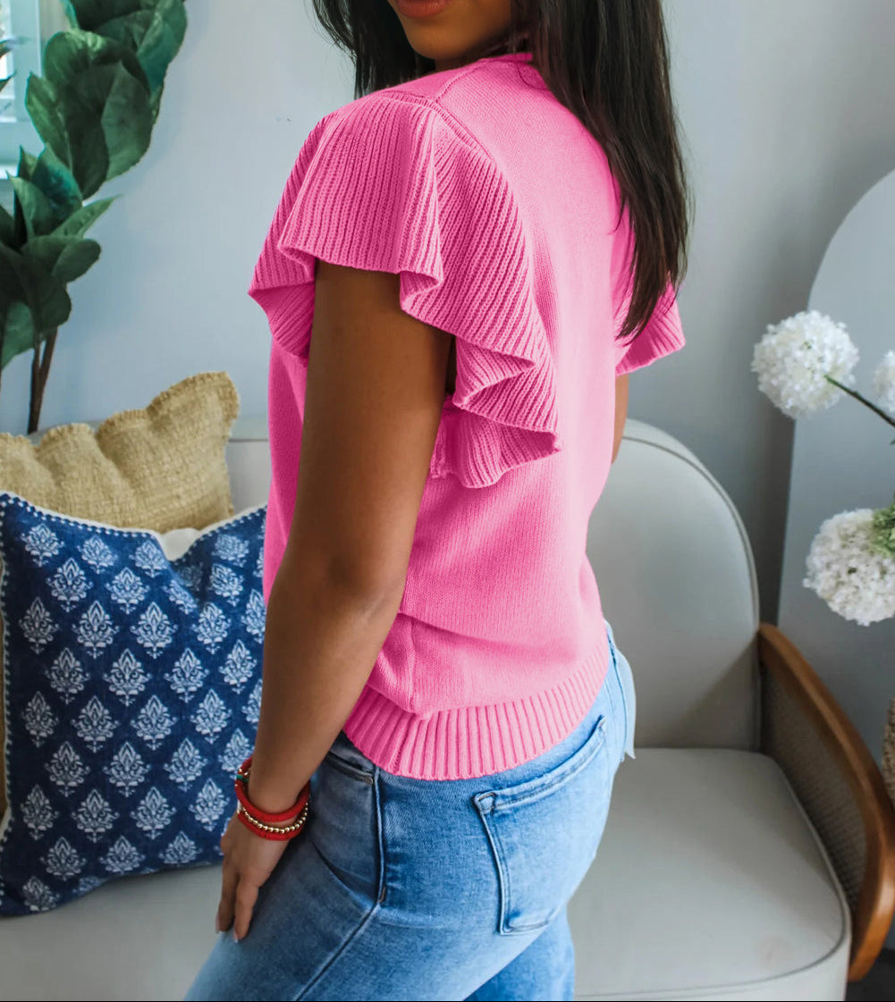 Sachet Pink Solid Color Ribbed Trim Round Neck Ruffle Short Sleeve Sweater