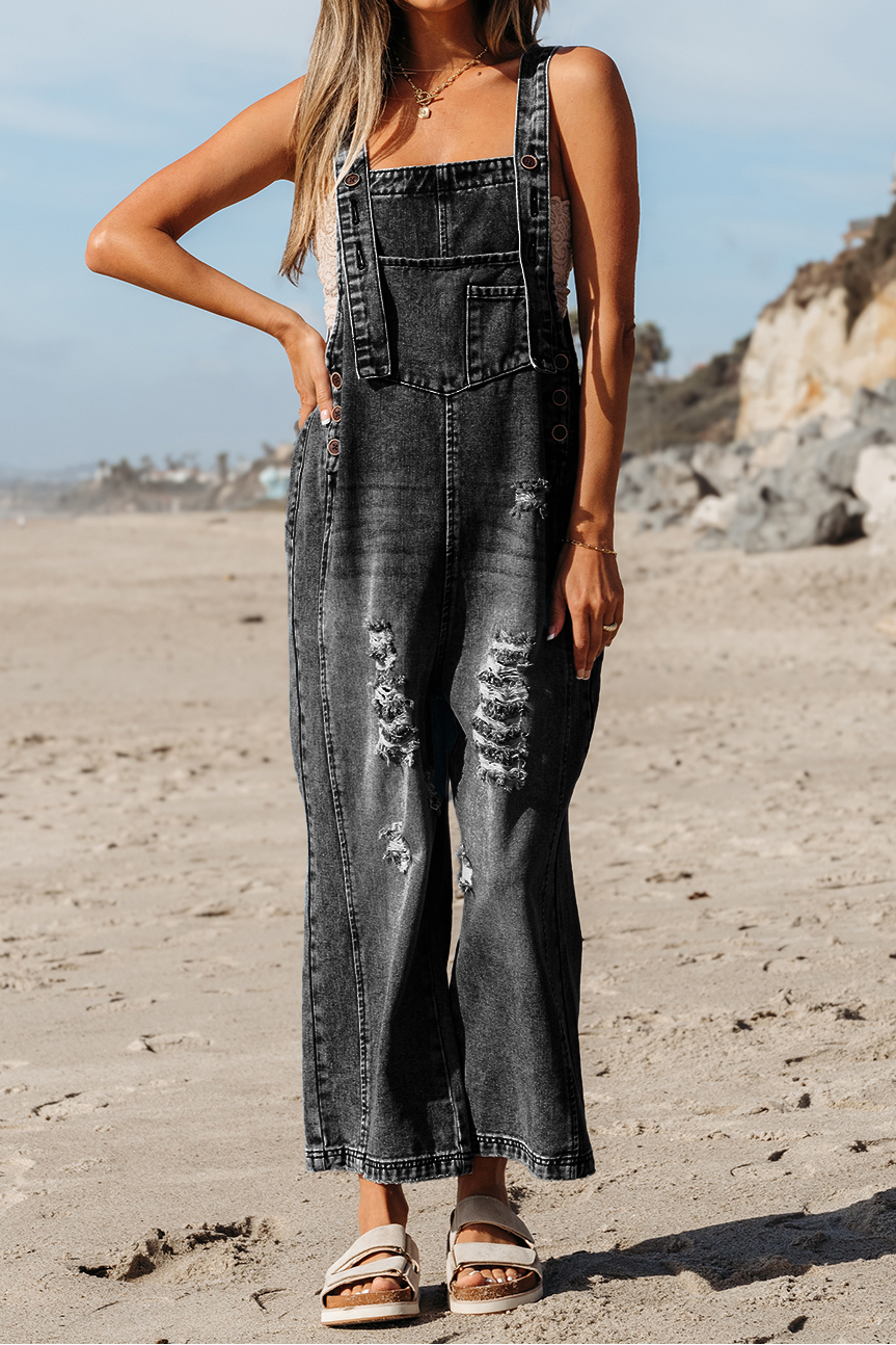 Black Distressed Bib Pocket Wide Leg Denim Overall