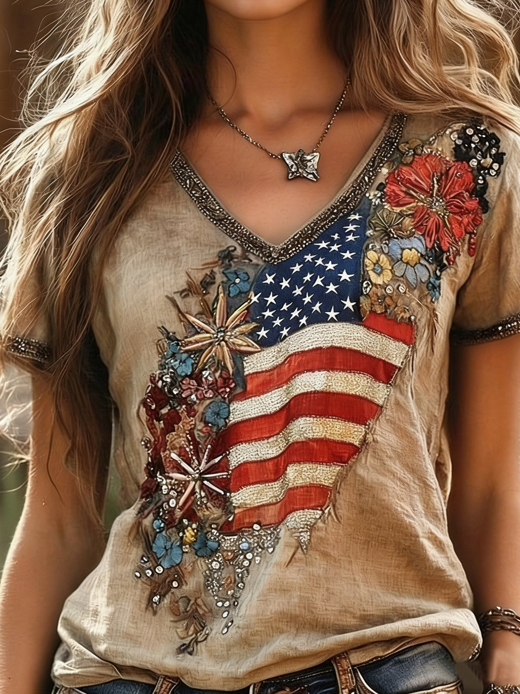 250th Anniversary V Neck America Flag Embroidery Roes Summer Linen Look Vintage  Casual T-Shirt