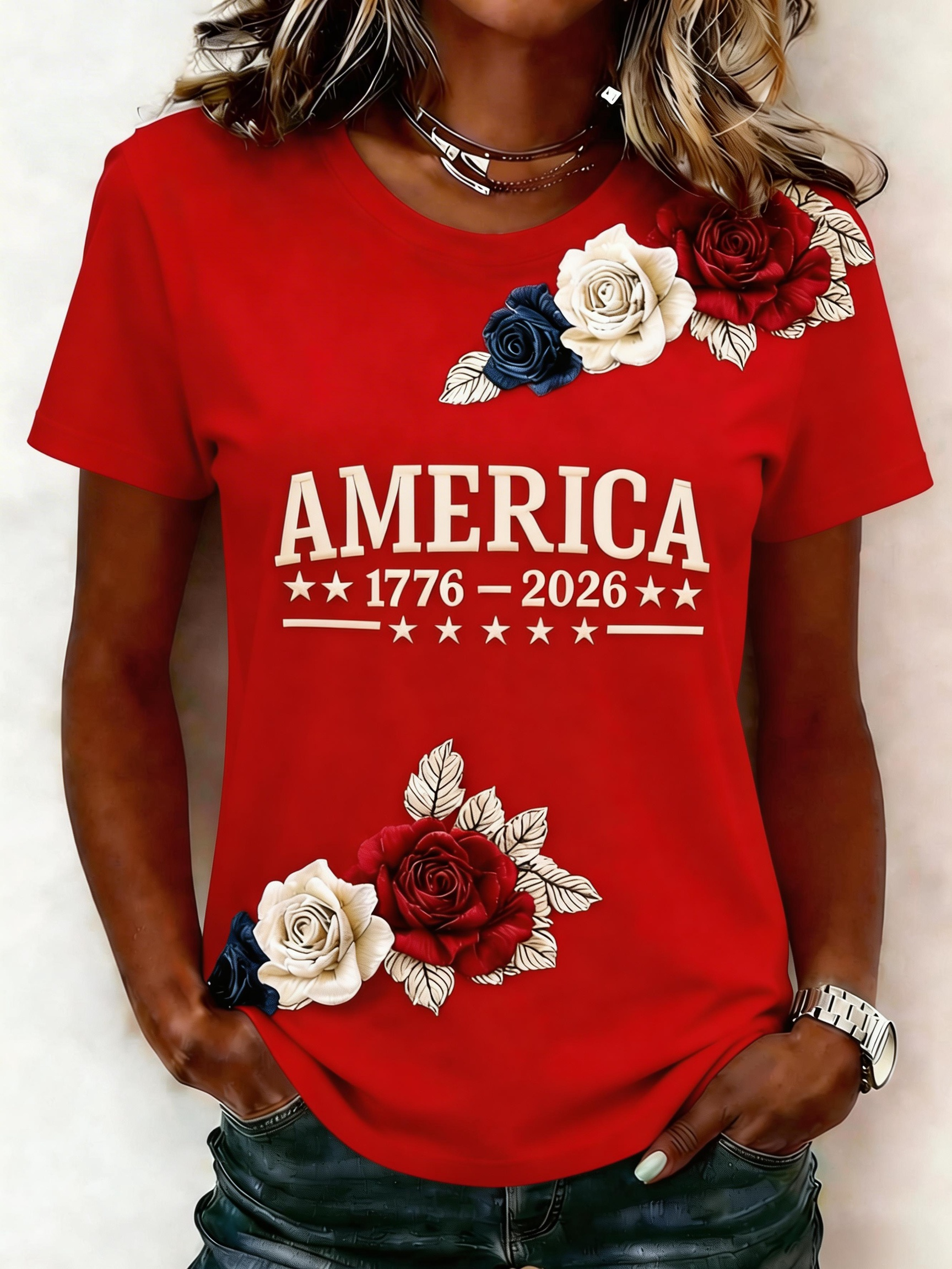 Crew Neck Casual Usa/Us/American Regular Fit T-Shirt