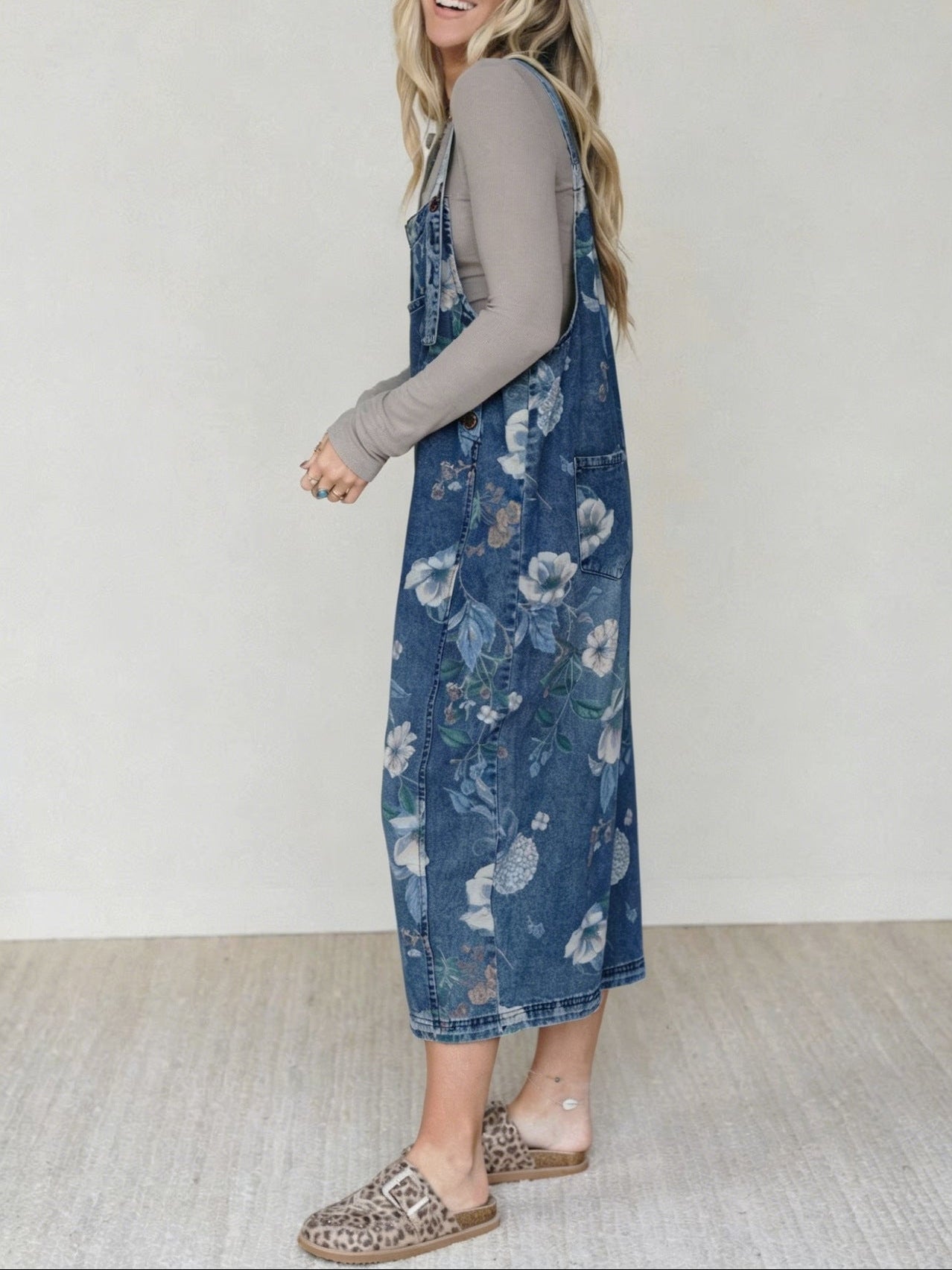 Printed Wide-Leg Denim Jumpsuit | Sleeveless Loose Streetwear One-Piece