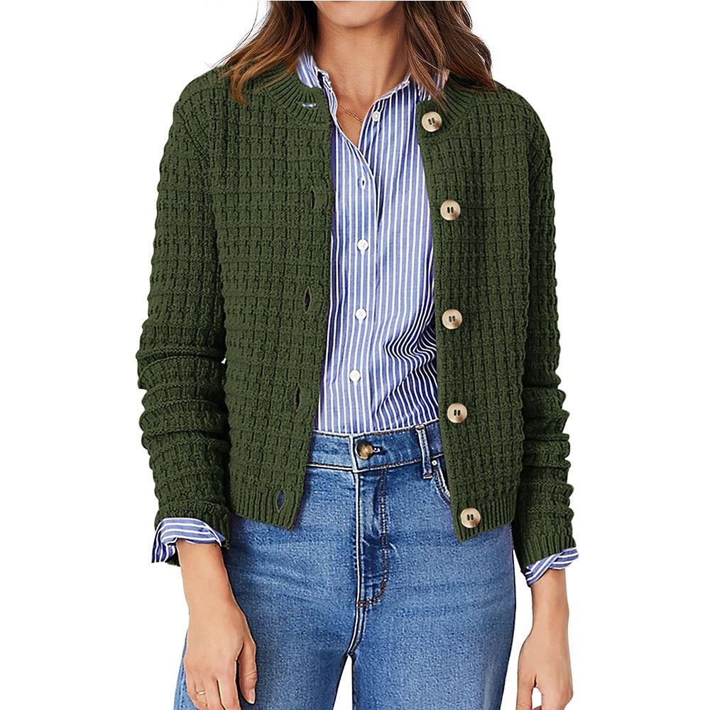 Solid Round Neck Knit Cardigan Sweater | Casual Commuter Basic Layering Top