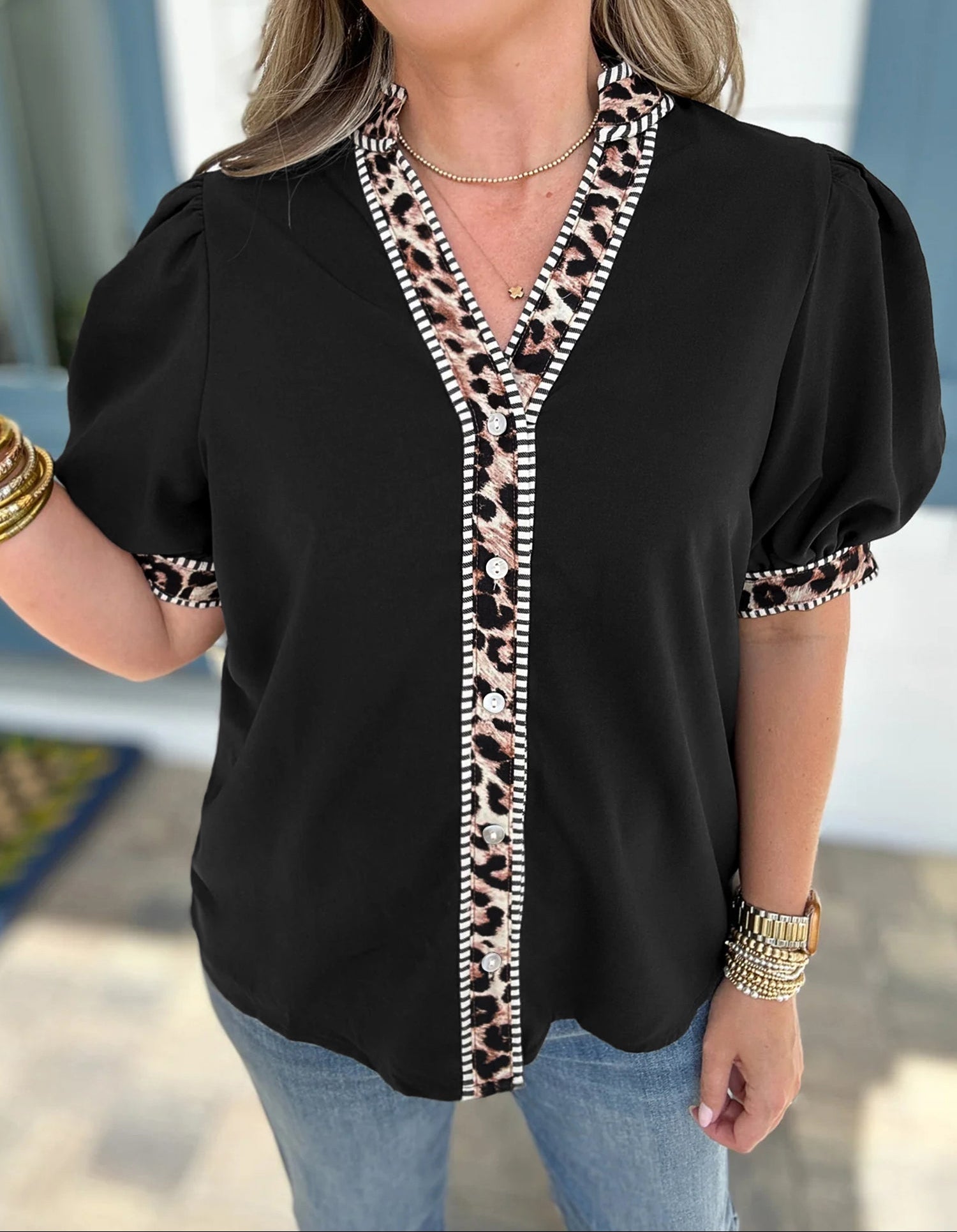 Black V Neck Short Puff Sleeve Contrast Striped Leopard Trim Button Down Shirt