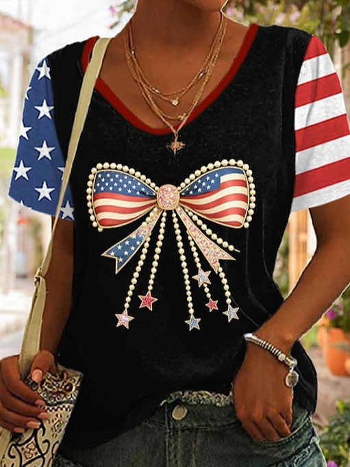 Women's American Flag Print V-Neck Cotton Blend Short Sleeve T-Shirt