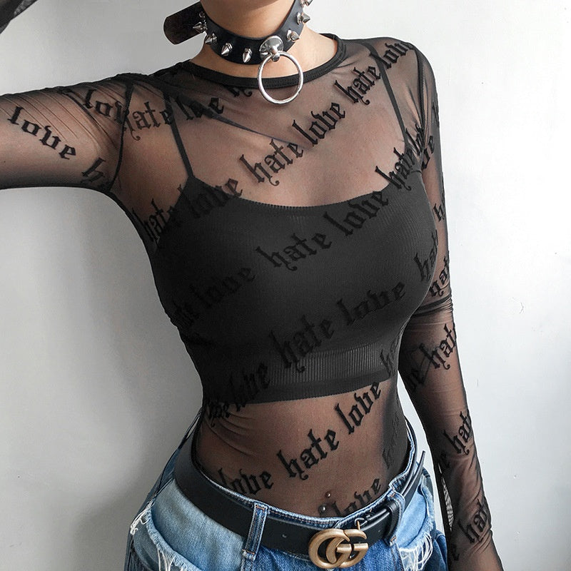 Sheer Love-Hate Print Mesh Long Sleeve Top