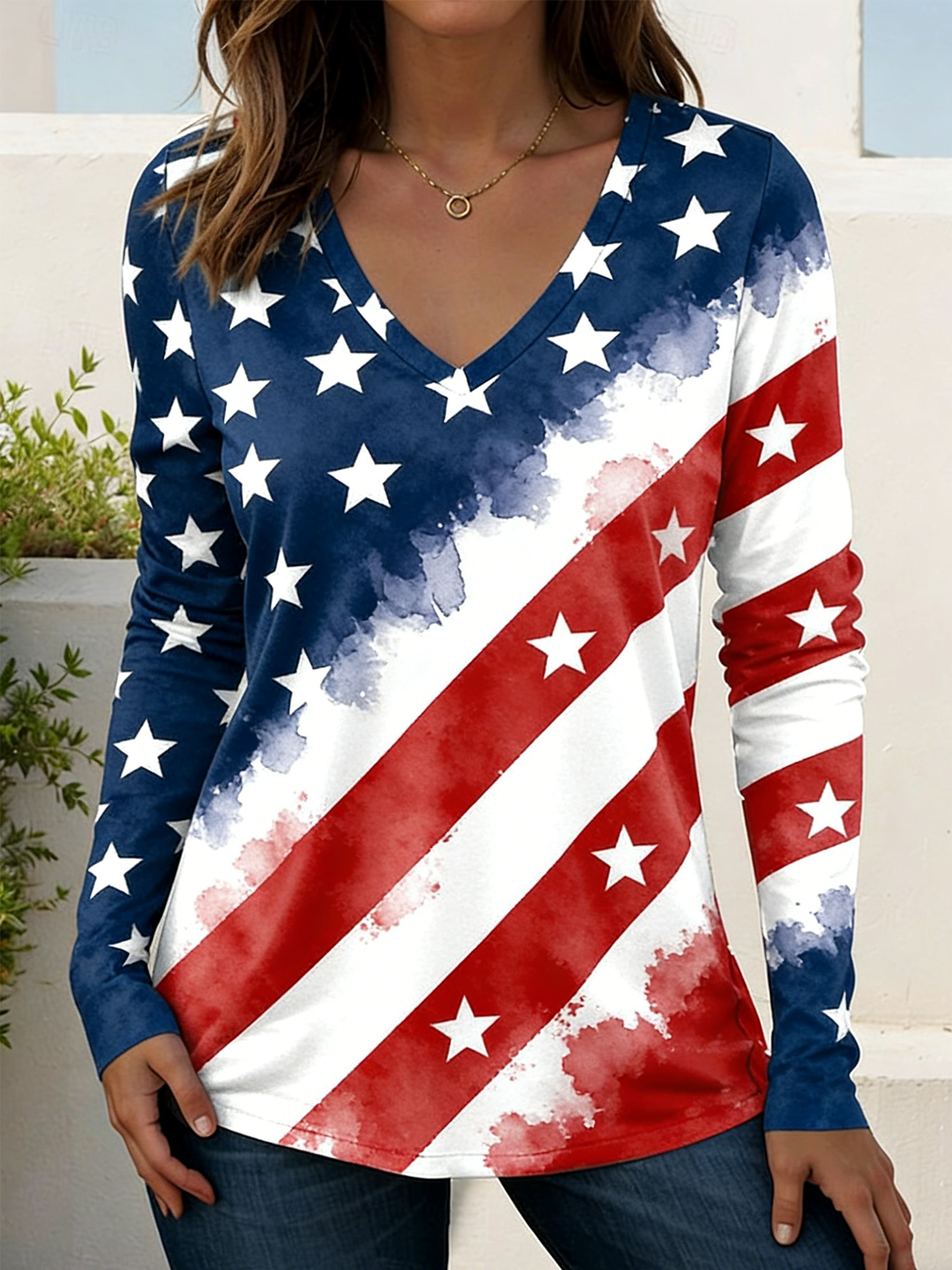 Independence Day Patriotic V-neck Long-sleeved Women's T-shirt