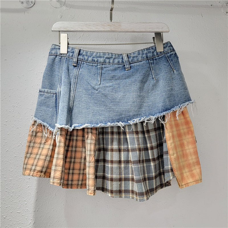 Low-Rise Patchwork Denim Asymmetrical Mini Skirt | American Streetwear Skirt