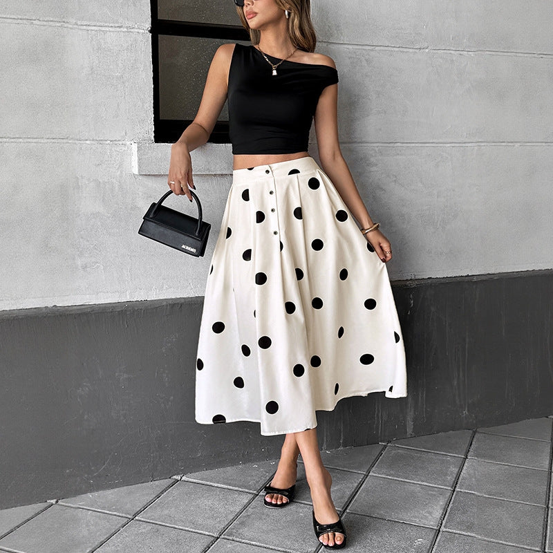 White Polka Dot Elastic Waist A-Line Skirt | Retro Elegant Boutique Skirt