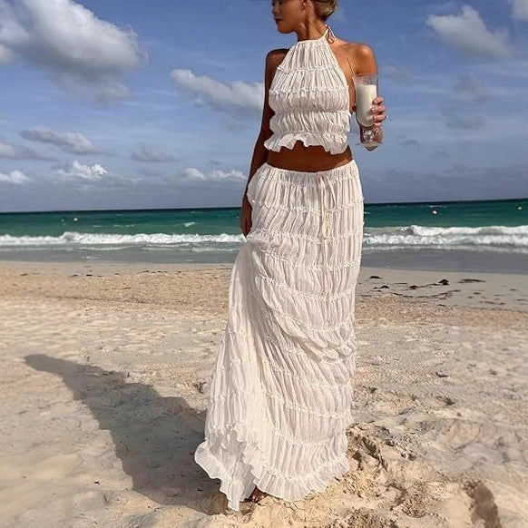Elegant Chiffon Halter Two-Piece Skirt Set | Flowing Ruffle Vacation Outfit